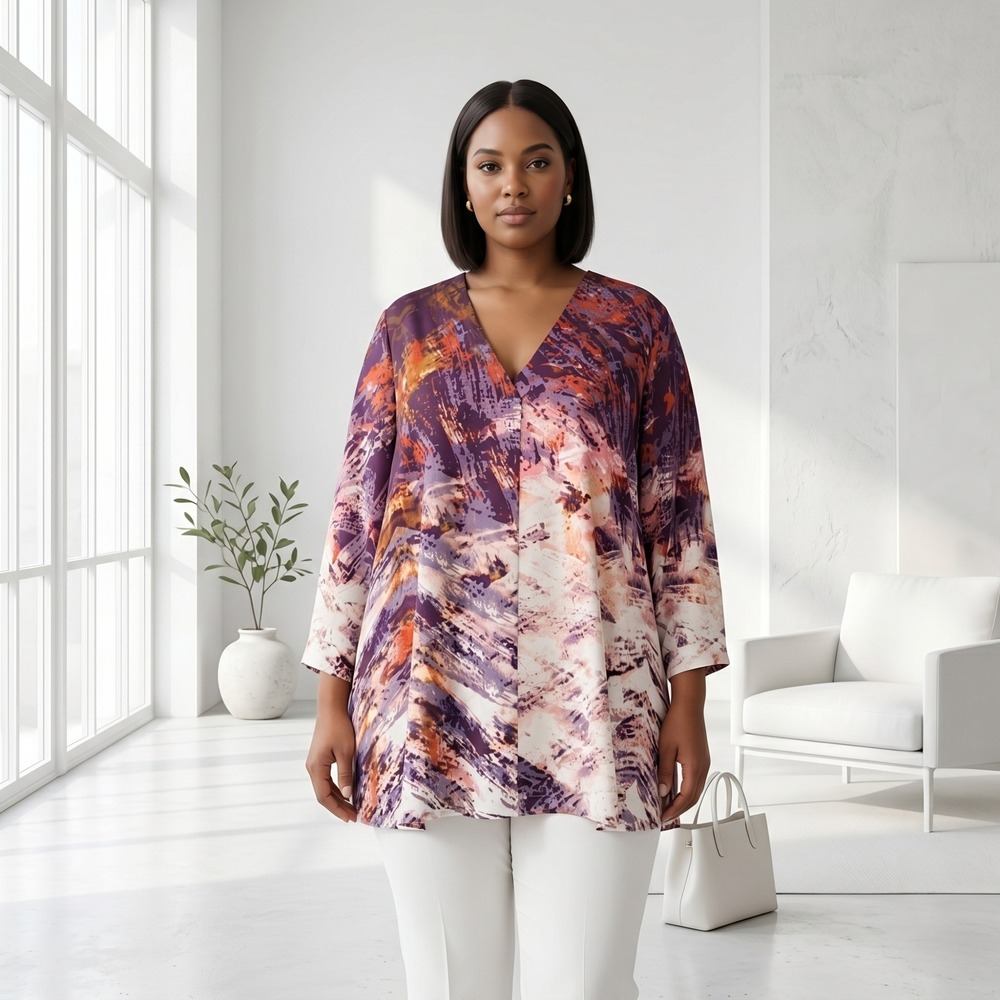 Rose Olive Womens 4X Purple Orange Abstract Print VNeck Tunic Blouse 3/4 Sleeve